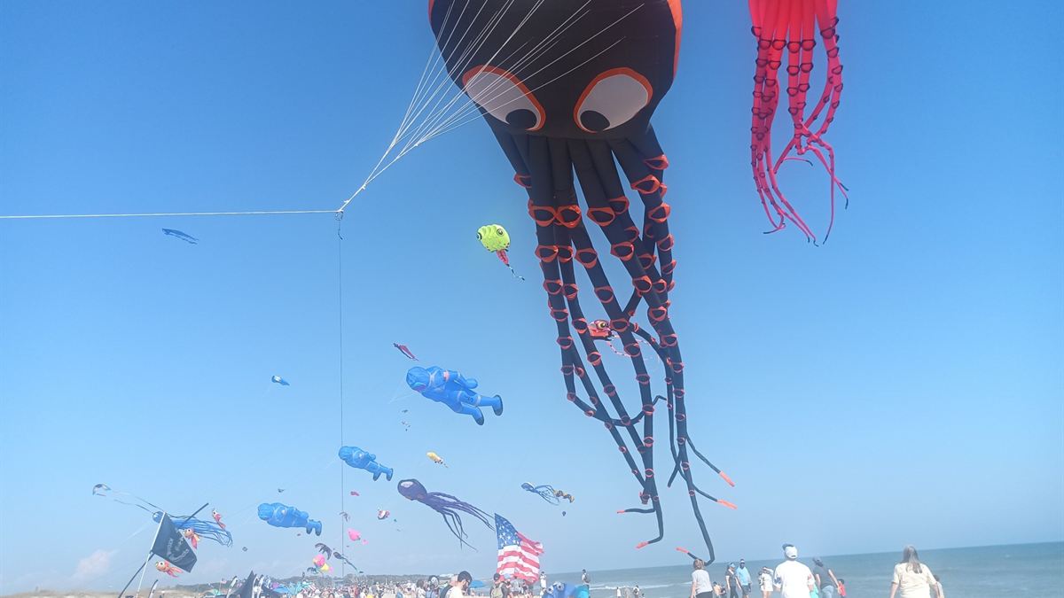 Giant octopus kites flying in a clear blue sky at the beach